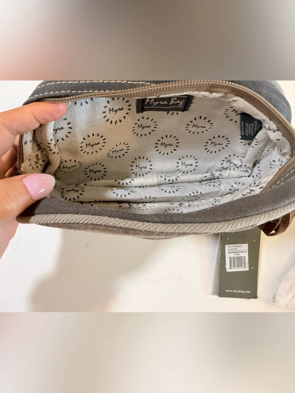 Myra Bag Gray Canvas Cosmetic Pouch with Brown Leather Trim and Cream Print